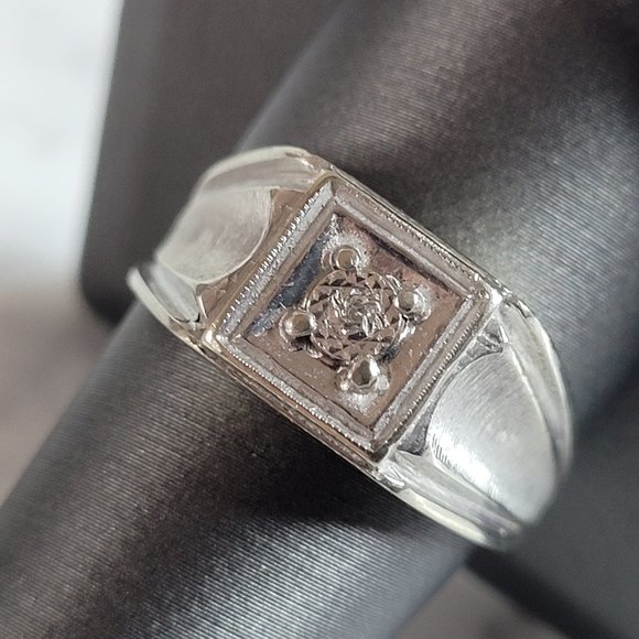 Mens Vintage Estate 10K White Gold Diamond Ring 5.1g E6969